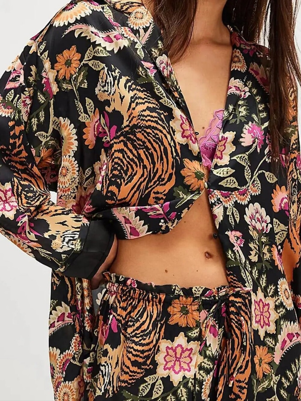 Free People Tiger Floral Satin Button Down Long Sleeve Pajama Top Medium Black - Picture 3 of 10